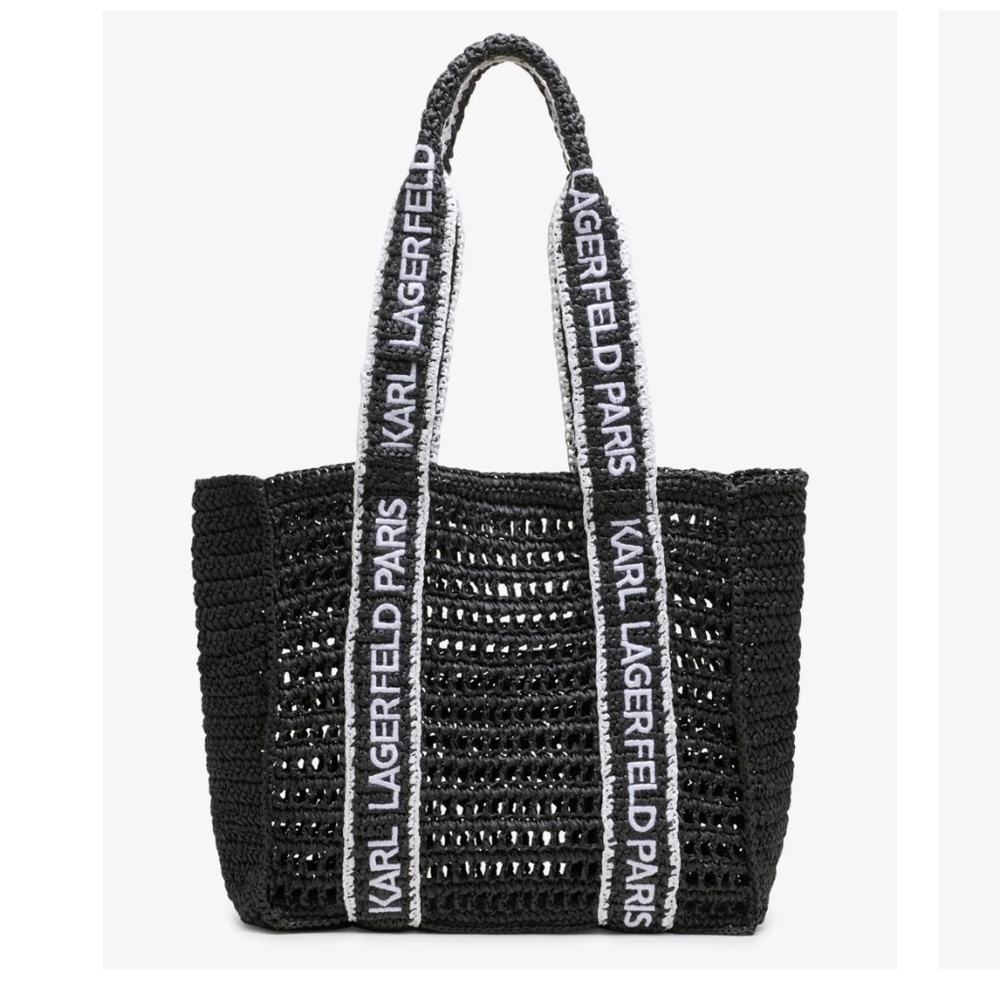 NWT Karl Lagerfeld black summer vacation straw bag tote with name on straps